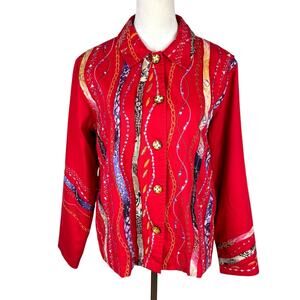Coldwater Creek Red Woven Embroidered Embellished Art to Wear Button Jacket